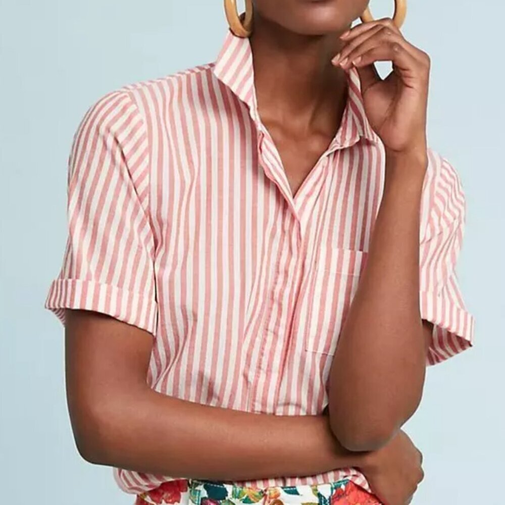 Anthropologie Striped Blouse Womens Large Red White Short Sleeve Cotton Belted - Picture 5 of 8